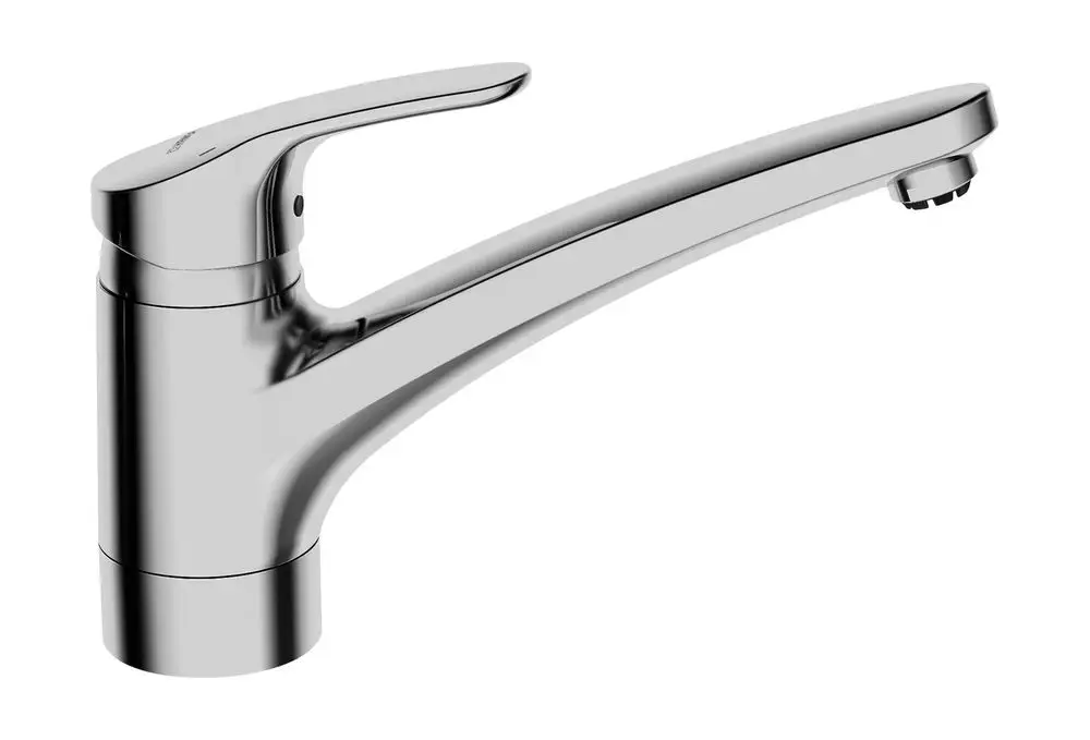 Einhebelmischer in Chrom für die Küche, mit einer langen Ausladung. Der Wasserhahn ist für Niederdruckanlagen ausgelegt und stammt von der Marke HANSA.